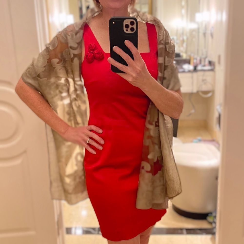 Calvin Klein Red Satin Square Neckline Rose Detail Cocktail Dress Size 4